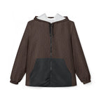Brauner Windbreaker Mocha Waves für Damen mit Wellenmuster, Kapuze und schwarzer Fronttaschen.