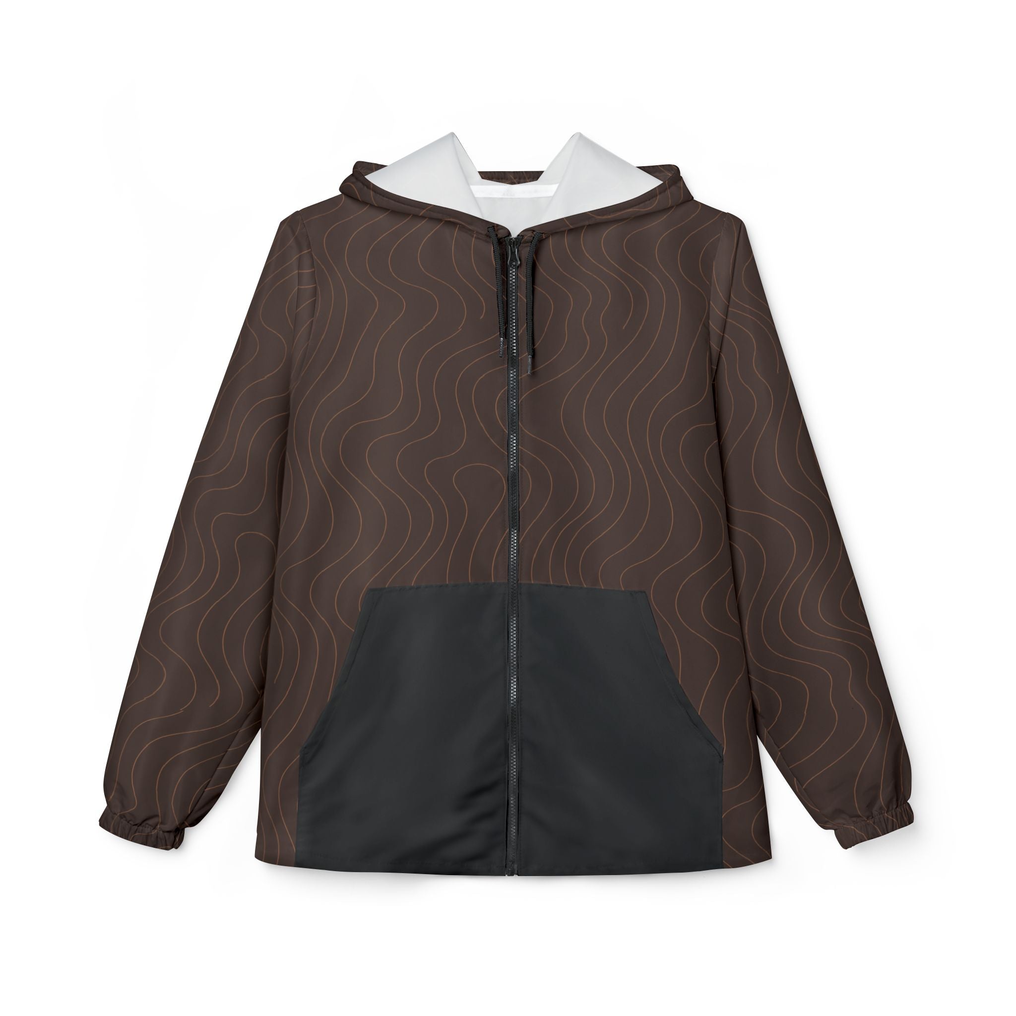 Brauner Windbreaker Mocha Waves für Damen mit Wellenmuster, Kapuze und schwarzer Fronttaschen.